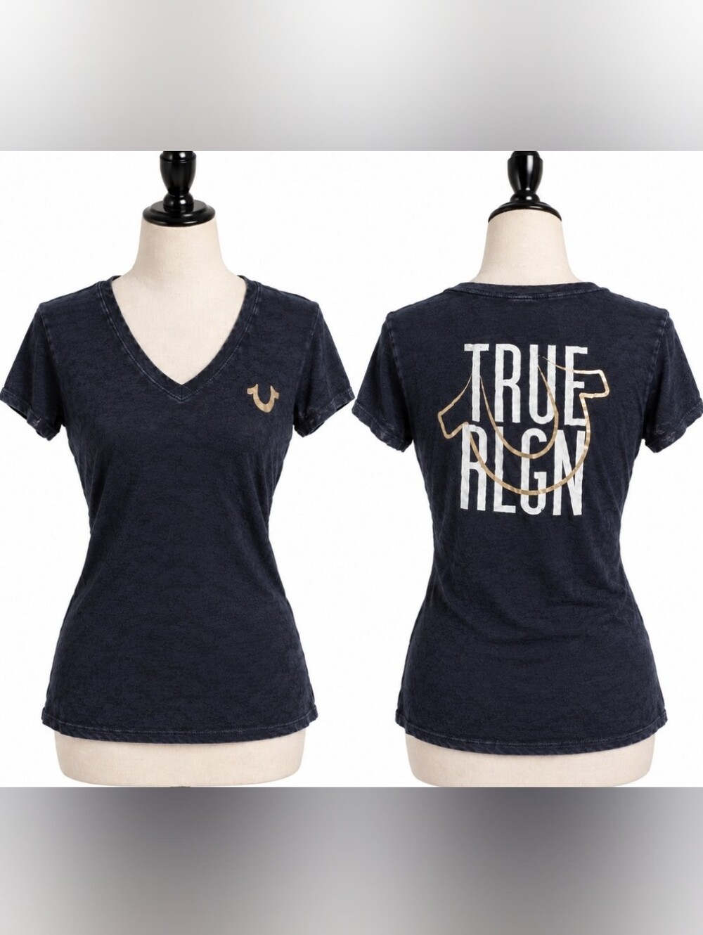 True Religion Navy V‑Neck Logo Tee with Gold Accents